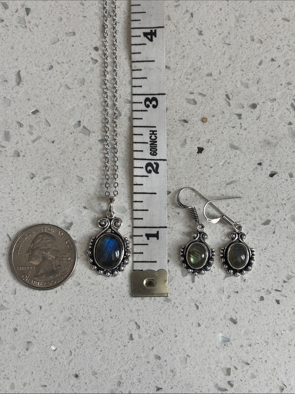 Labradorite Gemstone Ethnic Handmade Pendant Necklace & Earring set - Picture 7 of 10